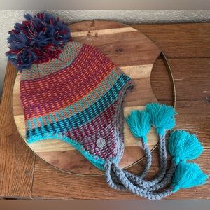 Sold****Pistil Frenzy POW Earflap Beanie Multi Pom Pom Warm Ski Winter